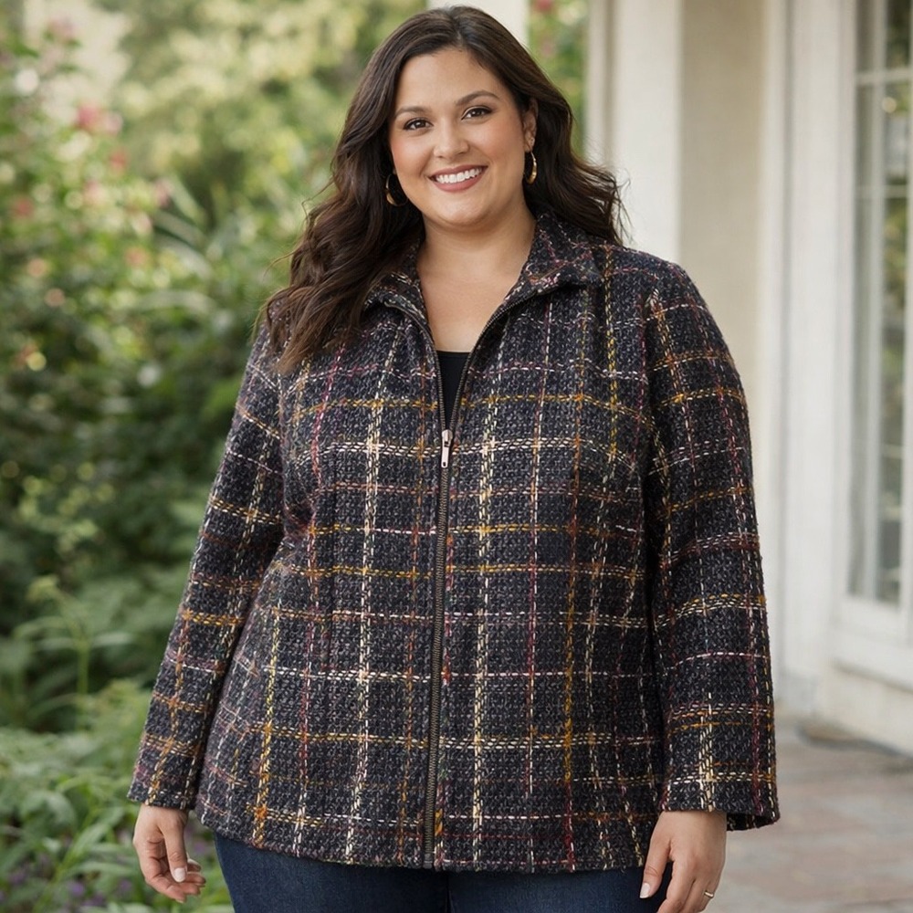 Coldwater Creek Womens 3X Plus Plaid Zip Front Tweed Jacket‎ Multi Color 4010806